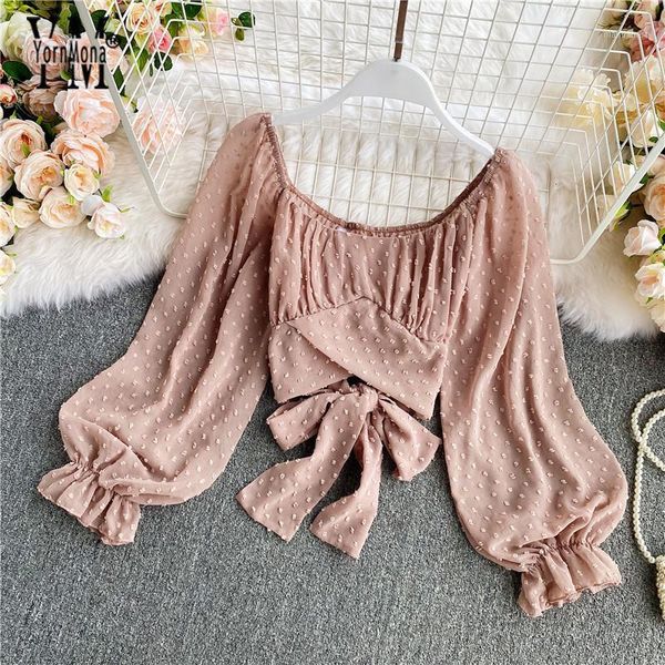 

yornmona blouses women korean fashion long puff sleeve chiffon blouse shirt short back bow bandage college ladies crop 1, White