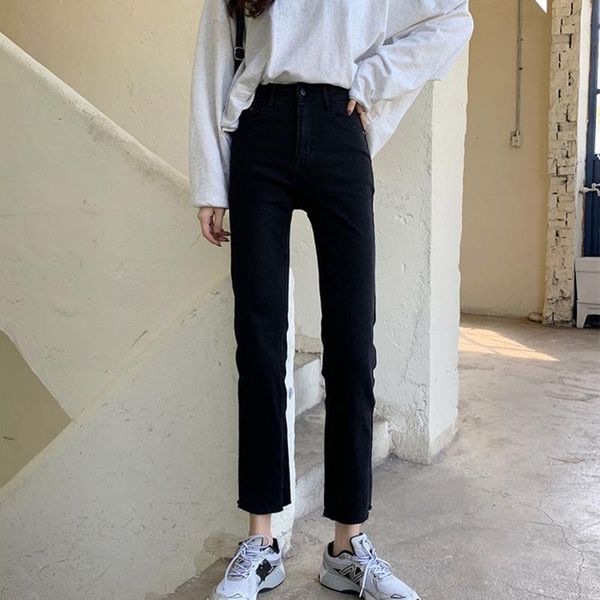 

suitable for crotch, thigh, high waist, large jeans, women's black elastic 9-point straight pants women's jeans, Blue