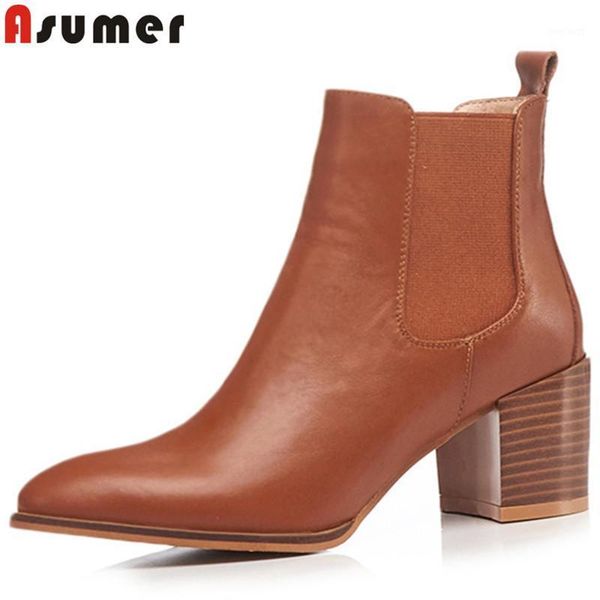

asumer 2021 fashion autumn winter boots women pointed toe ladies ankle boots thick high heels genuine leather1, Black