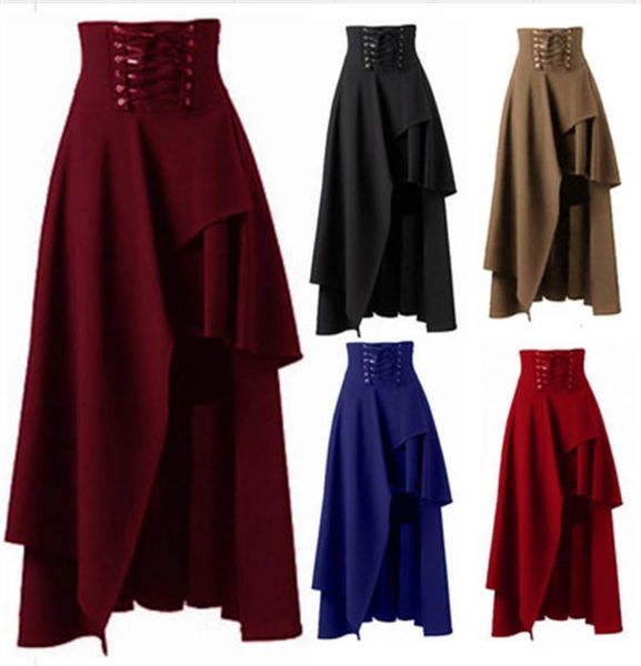 

steampunk skirt for women high waist solid irregular costume party shows dance skirts plus size lace up cotton clothing, Black