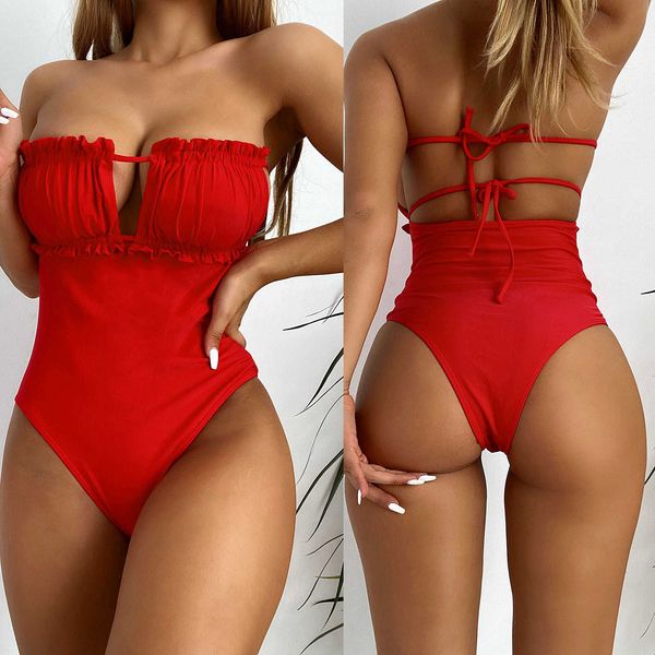 

2021 women's swimwear high cut one piece swimsuit backless swim red thong bathing suit female monokini maillot de bain, White;black
