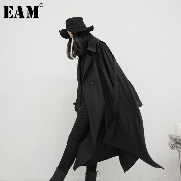 

[eam] women black asymmetrical stitch big size trench new lapel long sleeve loose fit windbreaker fashion tide spring 1s242 201031, Tan;black
