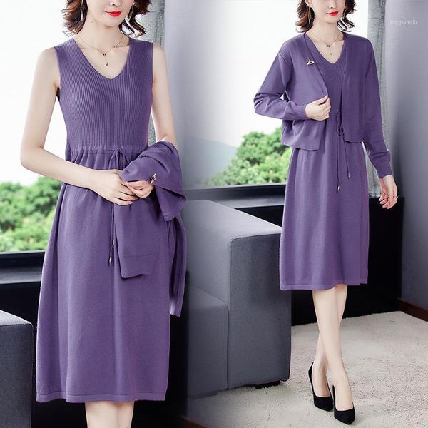 

autumn winter casual solid v-neck two piece sweaters 2020 vintage plus size knitting midi dress women elegant warm long sweaters1, White;black