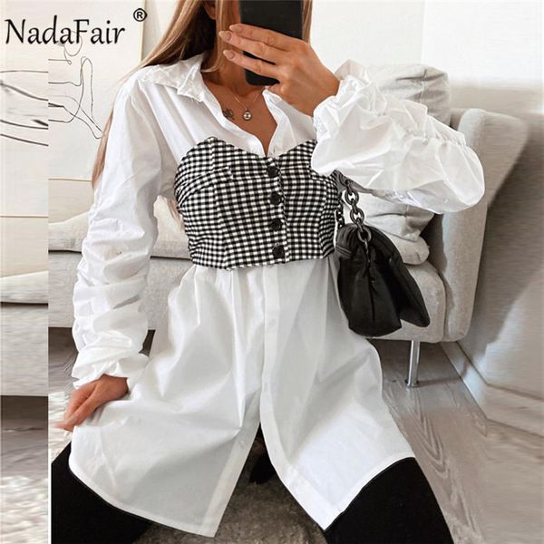 

nadafair houndstooth patchwork shirt dress casual women 2020 fashion stacked gathered sleeves corseted a-line mini woman dress y0118, Black;gray
