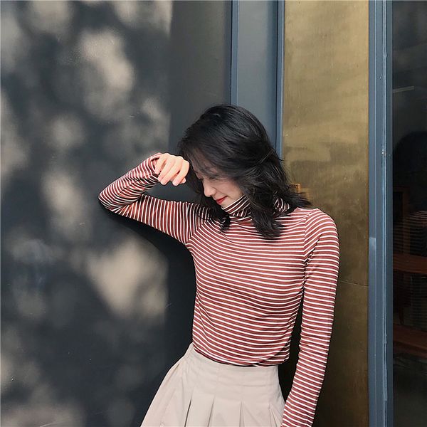 

new 2021 spring turtleneck striped shirts long sleeve 97% cotton t shirt women clothes slim fashion 5tm6, White
