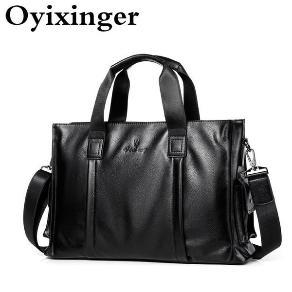 

briefcases oyixinger men's briefcase men leather shoulder bag large capacity business handbags for 15inch lapclassic solid black bags