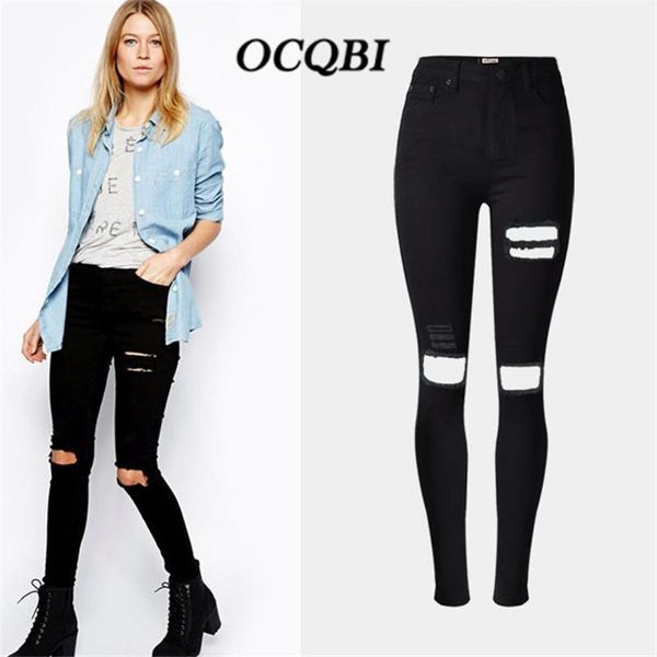 

plus size 2020 spring distressed ripped jeans for women skinny boyfriend high waist denim black jeans1, Blue