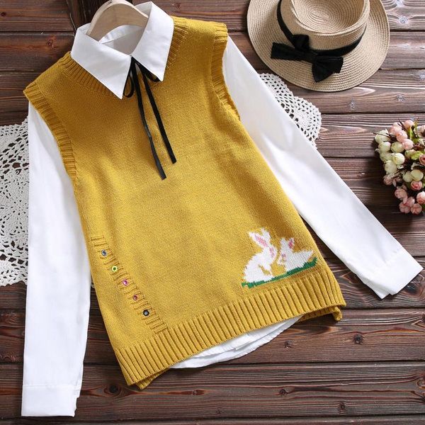 

loose student college wind sweater vest female cartoon pattern embroidery round neck sleeveless irregular sweater vest women bbywtn lg2010, White;black