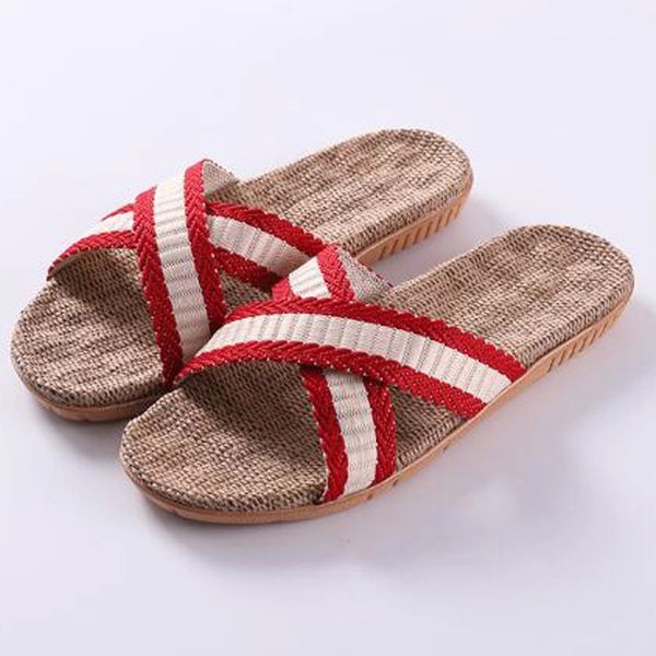 

women's linen sandals white cross stripe flax slippers indoor bathroom home slippers outdoor beach flip flops women slides shoes #la77, Black