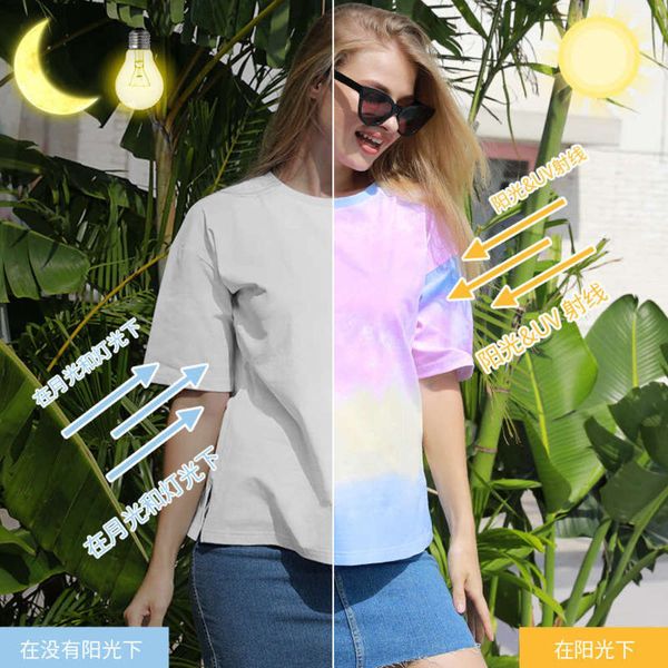 

t-shirt female new psensitive tie dye uv light color changing short sleeve top, Black;gray