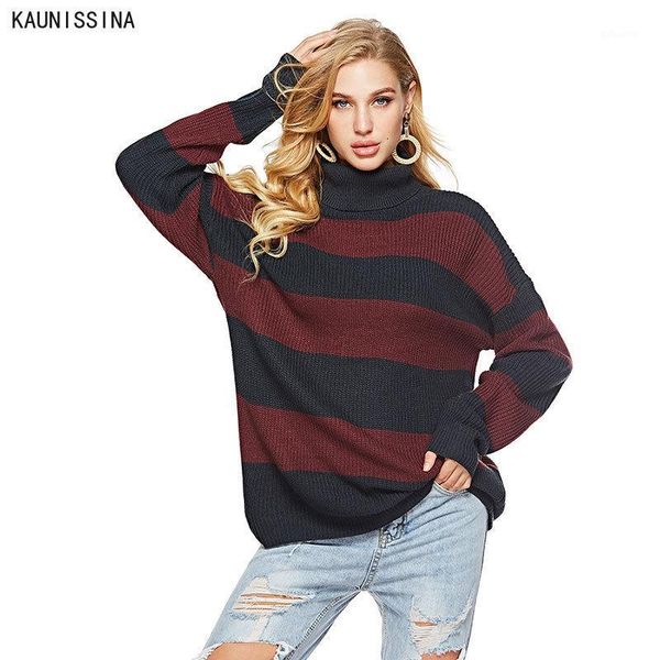 

women casual stripe knitted sweater loose color contrast turtleneck pullover street style women's pullover sweater autumn winter1, White;black