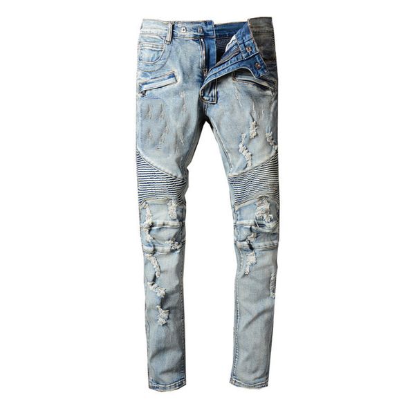 

distrsed ripped jeans slim fit motorcycle biker denim for men fashion digner hip hop mens, Blue