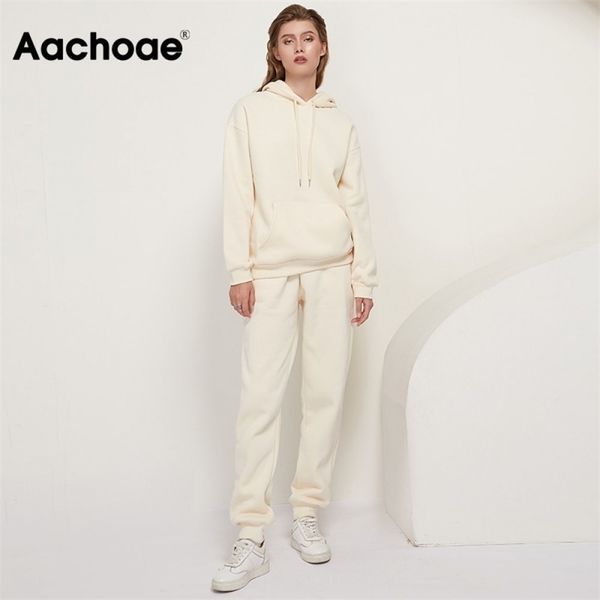 

aachoae solid 100% cotton suits women set fleece pullover hooded hoodies sweatshirts casual pants tracksuit plus size y201128, White