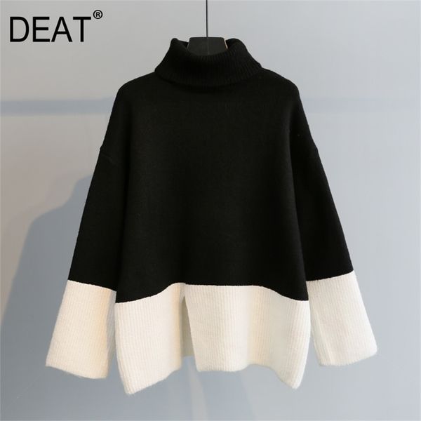 

[deat] female pullover sweater full sleeve turtleneck split hit color over size autumn fashion wild women's clothing am292 201221, White;black