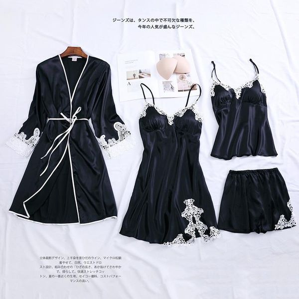 

women's sleepwear wedding robe satin 4pcs sleep suit intimate lingerie women bride bridesmaid kimono nightwear bathrobe gown casual, Black;red