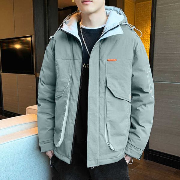 

winter mens korean trendy casual cotton coat men's hooded youth thick warm handsome jacket padded jacket, Black