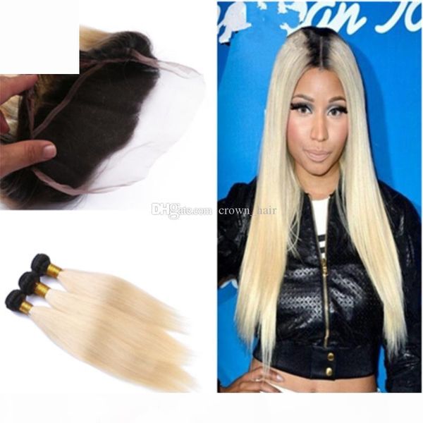 

new products #1b 613 hair bundles with 360 frontal ombre blonde color 360 full lace band frontal closure with straight hair extensions, Black