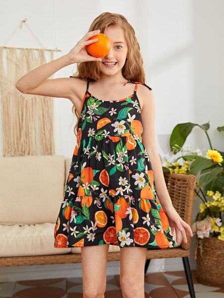 

girls ruffle hem floral & fruit print cami dress she, Red;yellow
