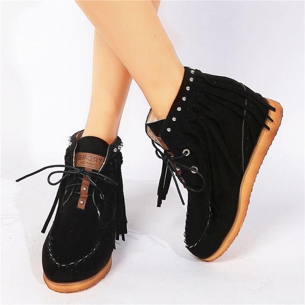 

2020 ankle boots women shoes ladies round toe booties roman flat bottom with lace-up fringed female booties winter boots woman, Black