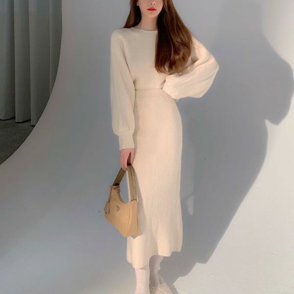 

2021 new knitted two piece women autumn winter casual sweater sets office ladies korean style chic elegant suits tk4u, Black;white