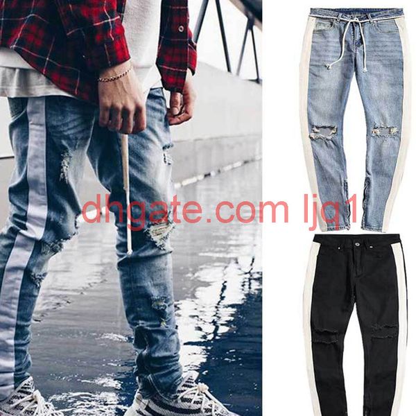

mens denim pants new arrival ripped tailoring strip zipper trousers slim fit mens small feet jeans size -xxl, Blue