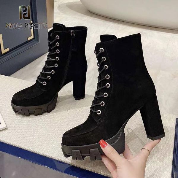 

boots catwalk high heels women's leather suede waterproof platform thick heel ankle cross-tied side zipper retro, Black