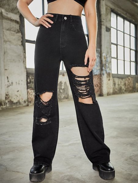 

high waist ripped wide leg jeans l2vh#, Blue