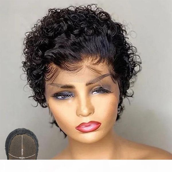 

atina pixie cut wig human hair natural color pixie wig short curly bob 4x4 lace closure pre plucked bleached knots remy, Black;brown
