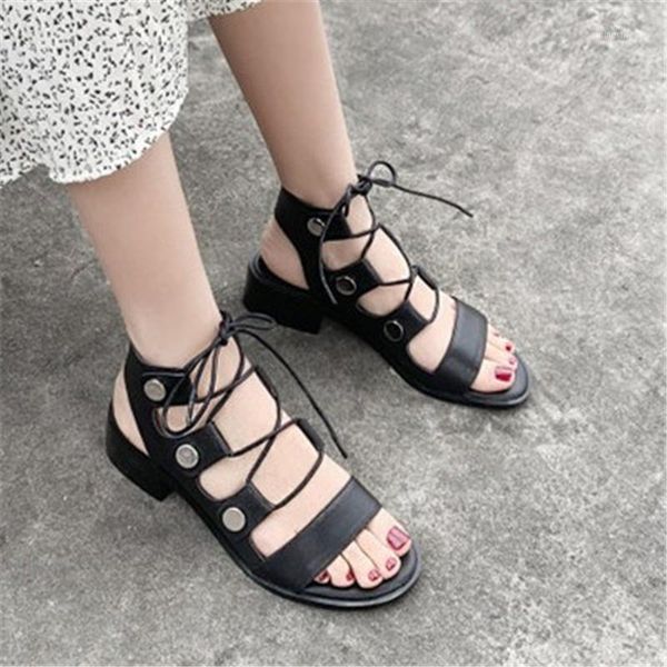 

sandals pxelena rome strappy gladiator women genuine leather plus size 34-43 chunky low heel punk gothic cross tied shoes summer1, Black