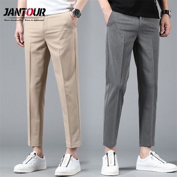 

jantour brand business suit pants men casual formal slim fit spring summer male classic office ankle length straight trousers lj201217, Black