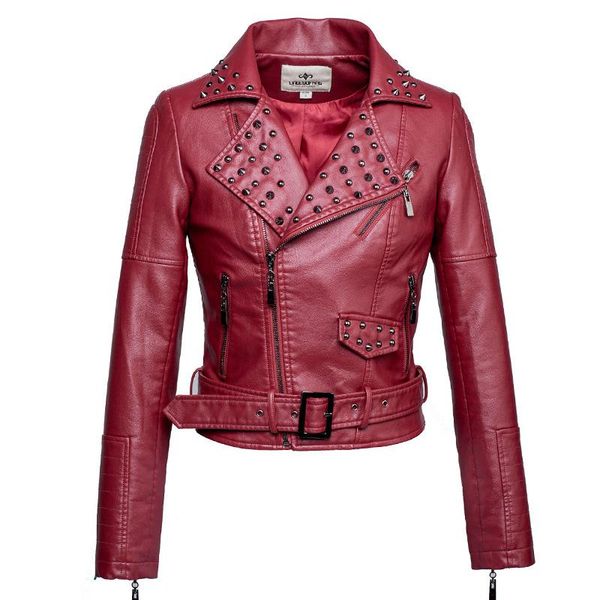 

women's leather & faux spring pu motorcycle short handsome lapel rivet belt jacket women fashion jackets, Black