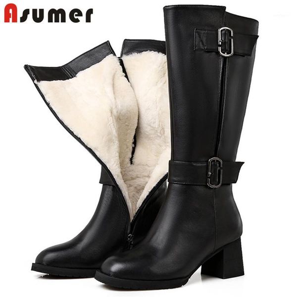 

asumer 2020 big size 43 knee high boots women buckle zip high heels dress shoes winter warm wool snow boots female1, Black