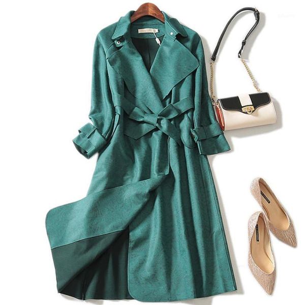 

plus size spring autumn women suede trench coat fashion long windbreaker solid color elegant casual 1, Tan;black