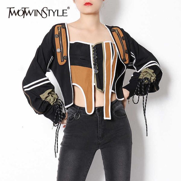 

twotwinstyle patchwork hit color casual coat for women square collar long sleeve lace up bowknot streetwear jacket female 201020, Black;brown