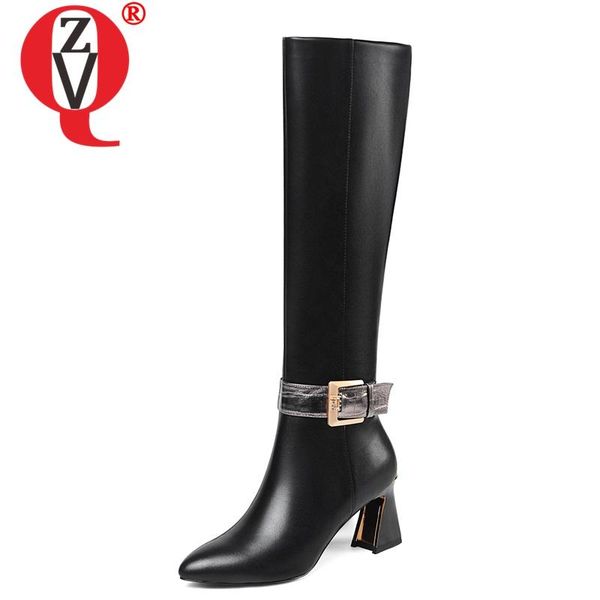 

zvq winter new fashion knee high boots outside high heels pointed toe handmade genuine leather women shoes drop shipping, Black