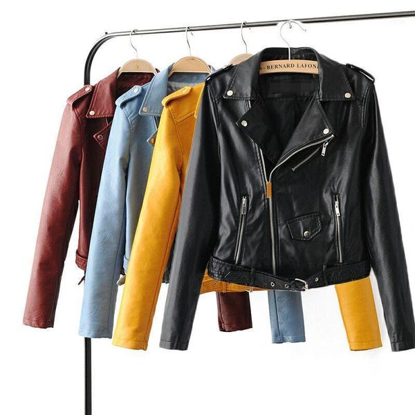 

2020 spring new style rivet lapel short women leather jacket female motorcycle leather coat fashion slim women clothing black1, Black