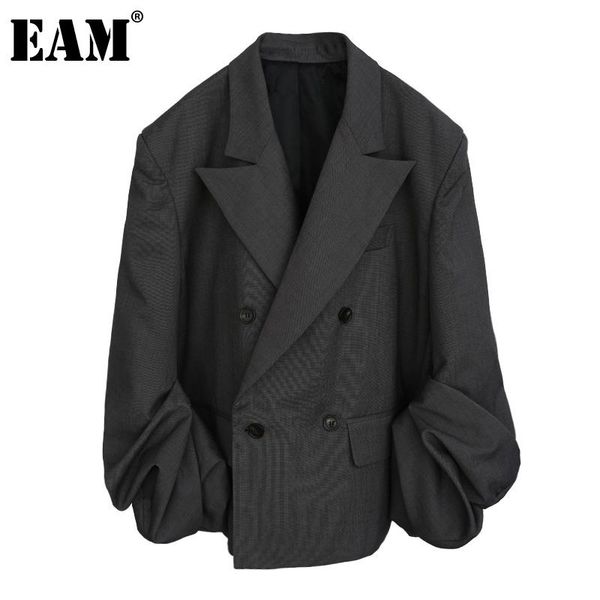 

eam] women gray pleated split big size blazer new lapel long sleeve loose fit jacket fashion tide spring autumn 2020 1da453, White;black