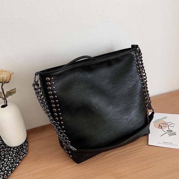 

vintage leather crossbody bags for women 2020 rivet shoulder bag fashion handbags and purses chic ins large capacity bucket bag