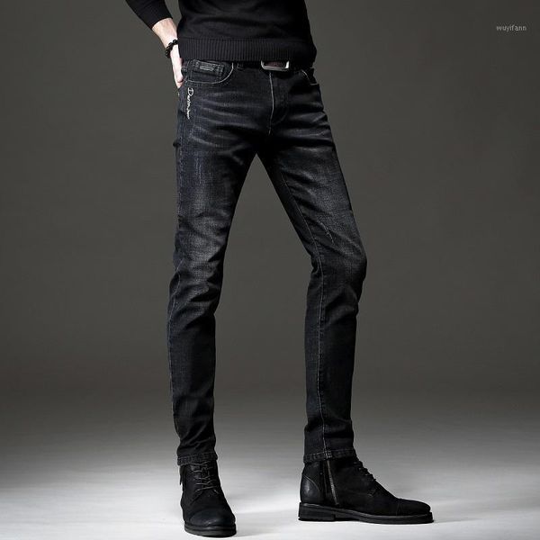 

black jeans men fashion stretch slim fit pencil pants korean style embroidered casual trousers1, Blue