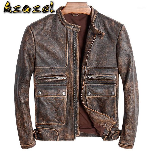 

vintage real leather coat for men old fashion cowskin leather jackets european and american style natural clothing 041, Black