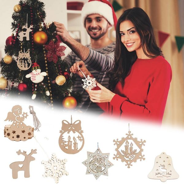 

10pcs snowflake-shaped elk bell-shaped, christmas tree ornaments, unfinished blank wood decoration embellished with diy crafts