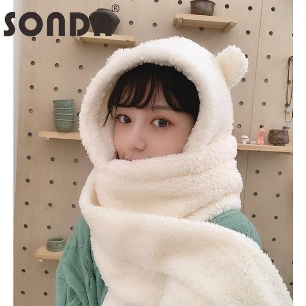 

sondr women winter cute caps warm bear ear hat casual plush hat scarf gloves set female winter casual solid fleece women caps, Blue;gray