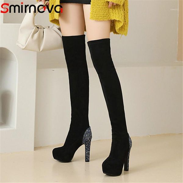 

smirnova 2021 autumn stretch thigh high boots women super high heel platform shoes party wedding over the knee boots women1, Black