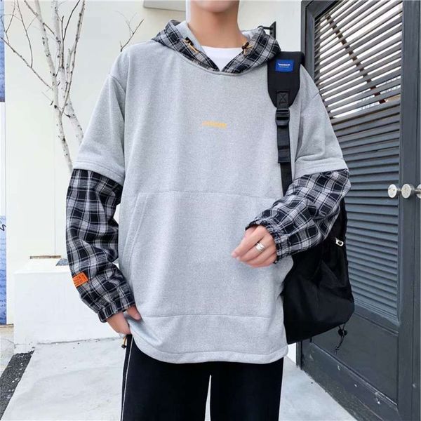 

fake two pieces of color matching sweater for hoodie and handsome 2020 fashionable men's autumn wear new style, Black