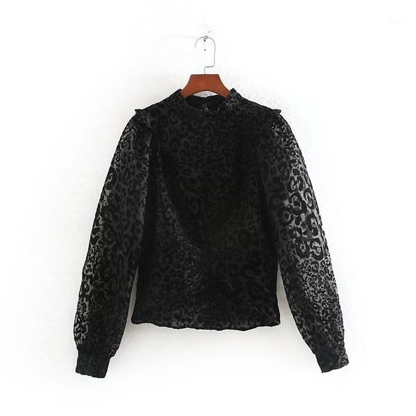 

women long sleeve blouse autumn 2019 new fashion flocking leopard black shine through shirt modern lady pullover 1, White
