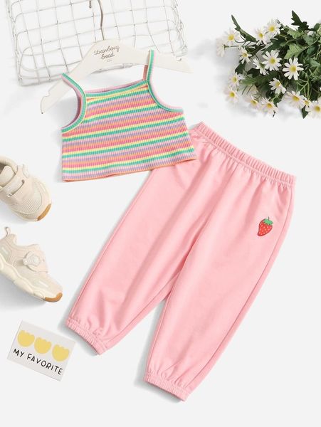 

baby block striped cami & strawberry print sweatpants she, White