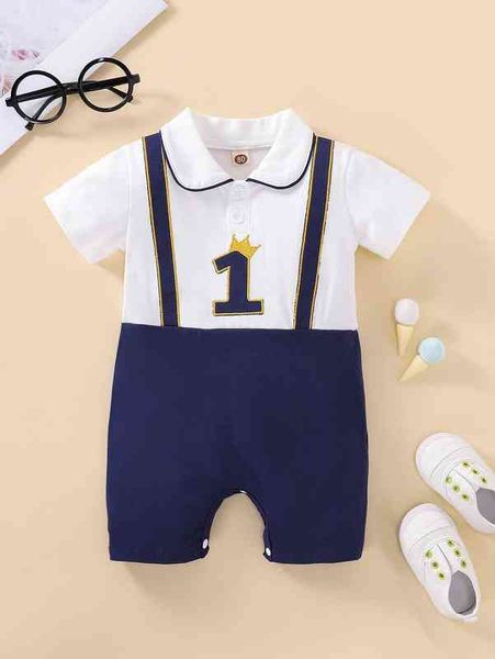 

baby number embroidery two tone romper she, Blue