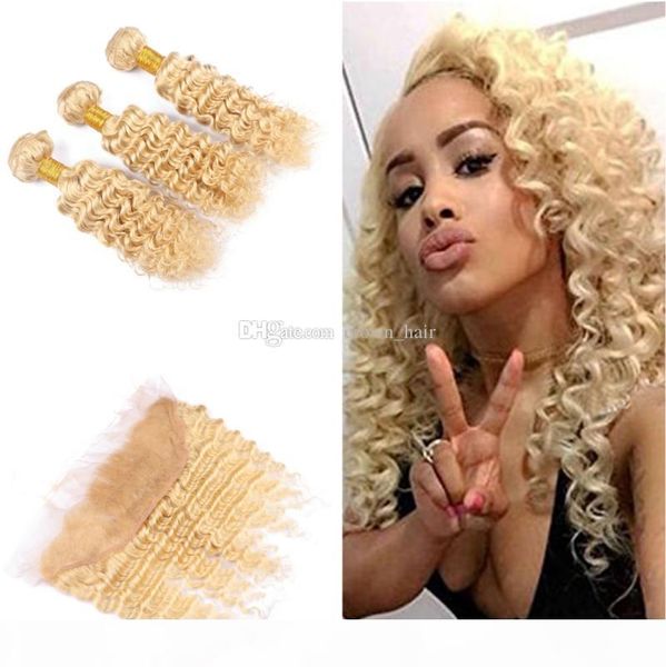 

#613 deep wave lace frontal with virgin hair weft blonde 613 deep curly hair weaves with ear to ear full lace frontals, Black