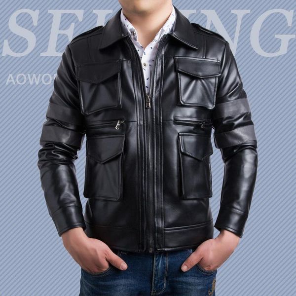

men's motorcycle leather coat pu wash leather matching color coat, Black
