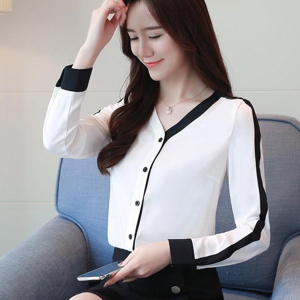 

women's stitching color chiffon long sleeve 2020 new autumn office bottom women blouse shirt korean v-collar blusa 623a, White